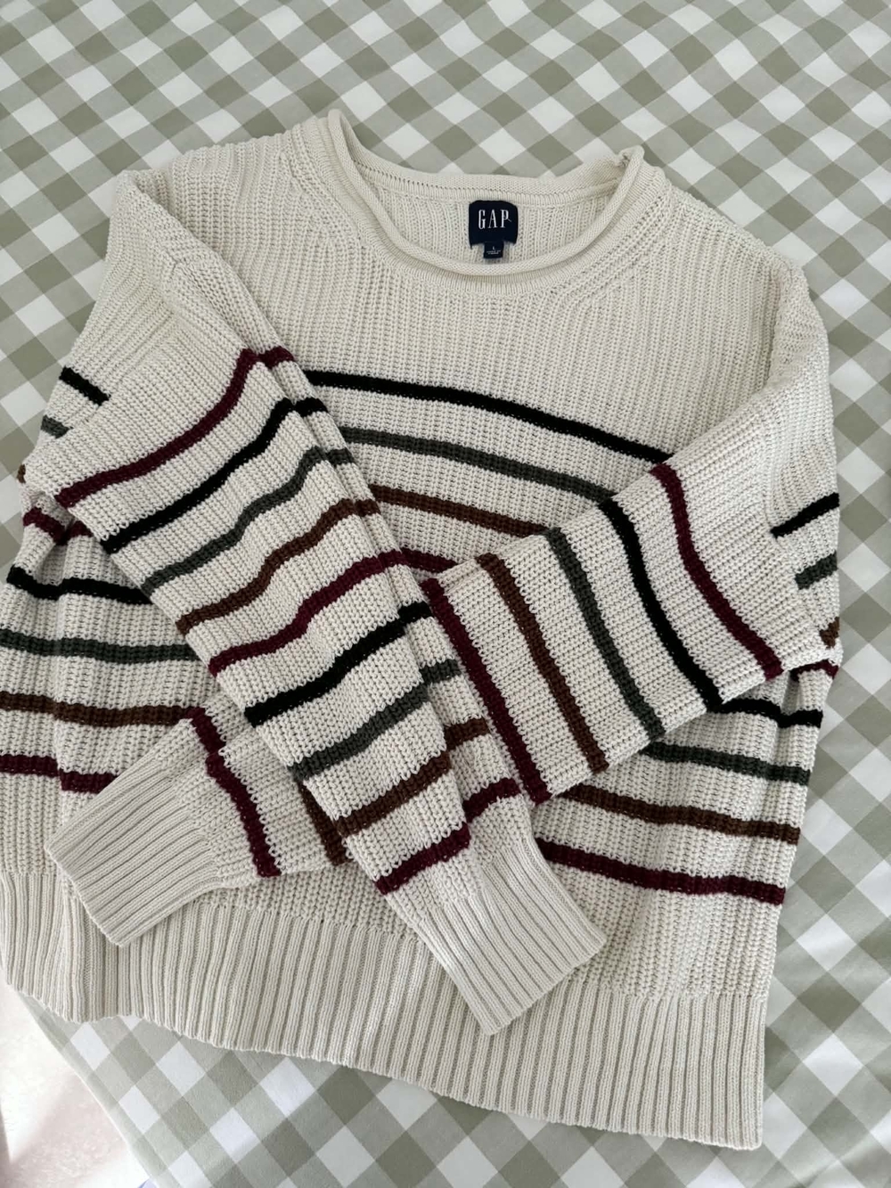 GAP Cream Crewneck Sweater with Burgundy, Black Brown & Green Stripes100% Cotton